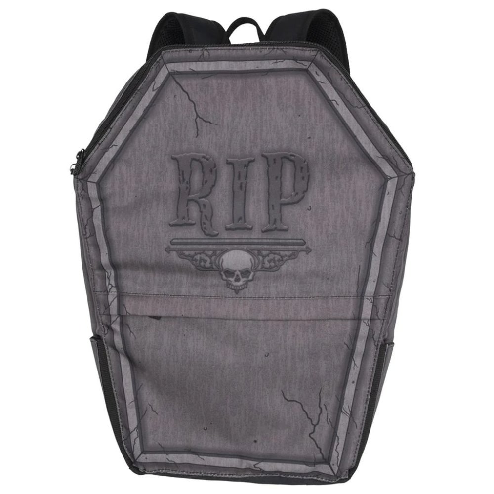 Tombstone Coffin Charcoal Gray Backpack Padded Straps 18" X 13" NWT